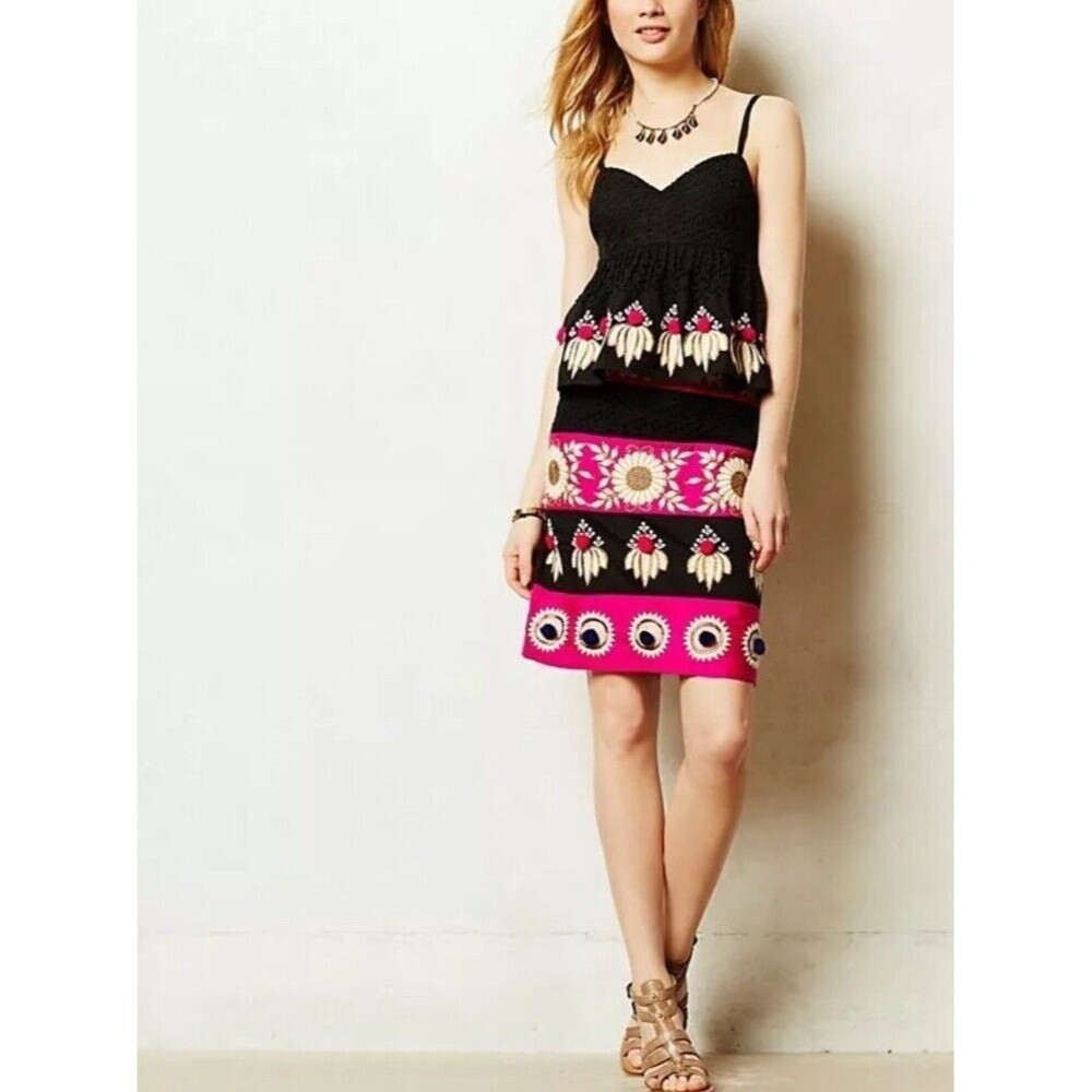 Anthropologie Leifsdottir Embroidered Catrina Pencil Skirt And Top Playful Poms‌